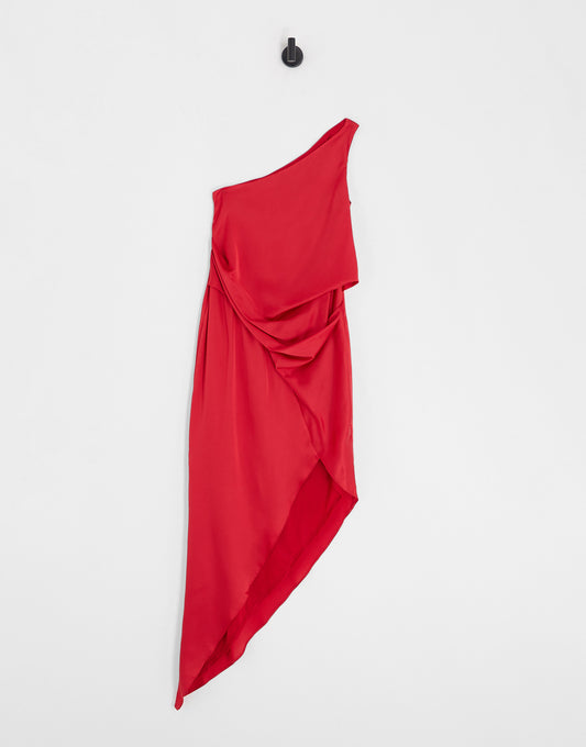 ASOS DESIGN satin one shoulder drape midi dress in red