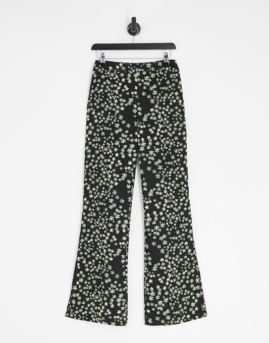 Pieces wide leg trousers in black and green ditsy floral