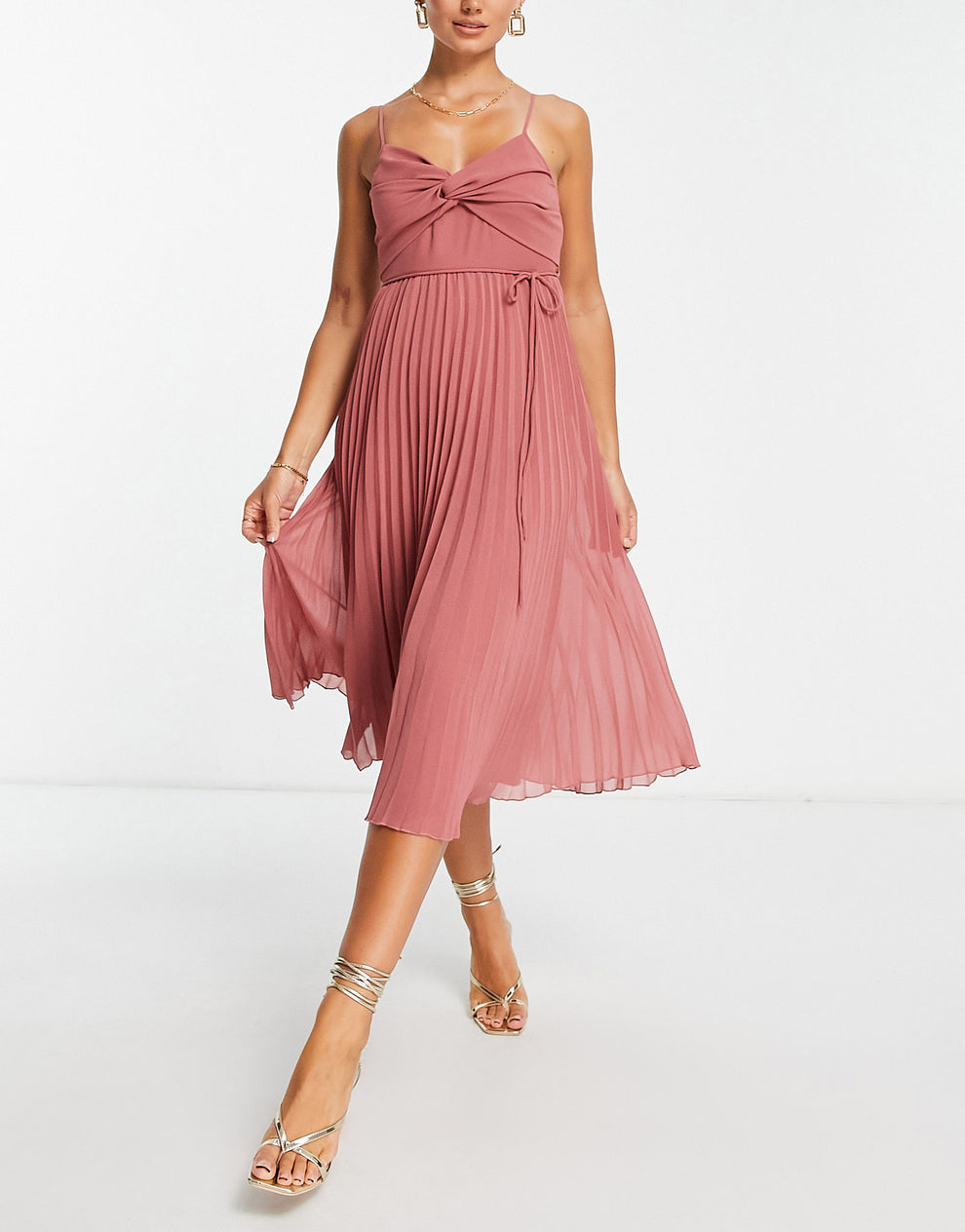 ASOS DESIGN twist front pleated cami midi dress with belt in rose pink