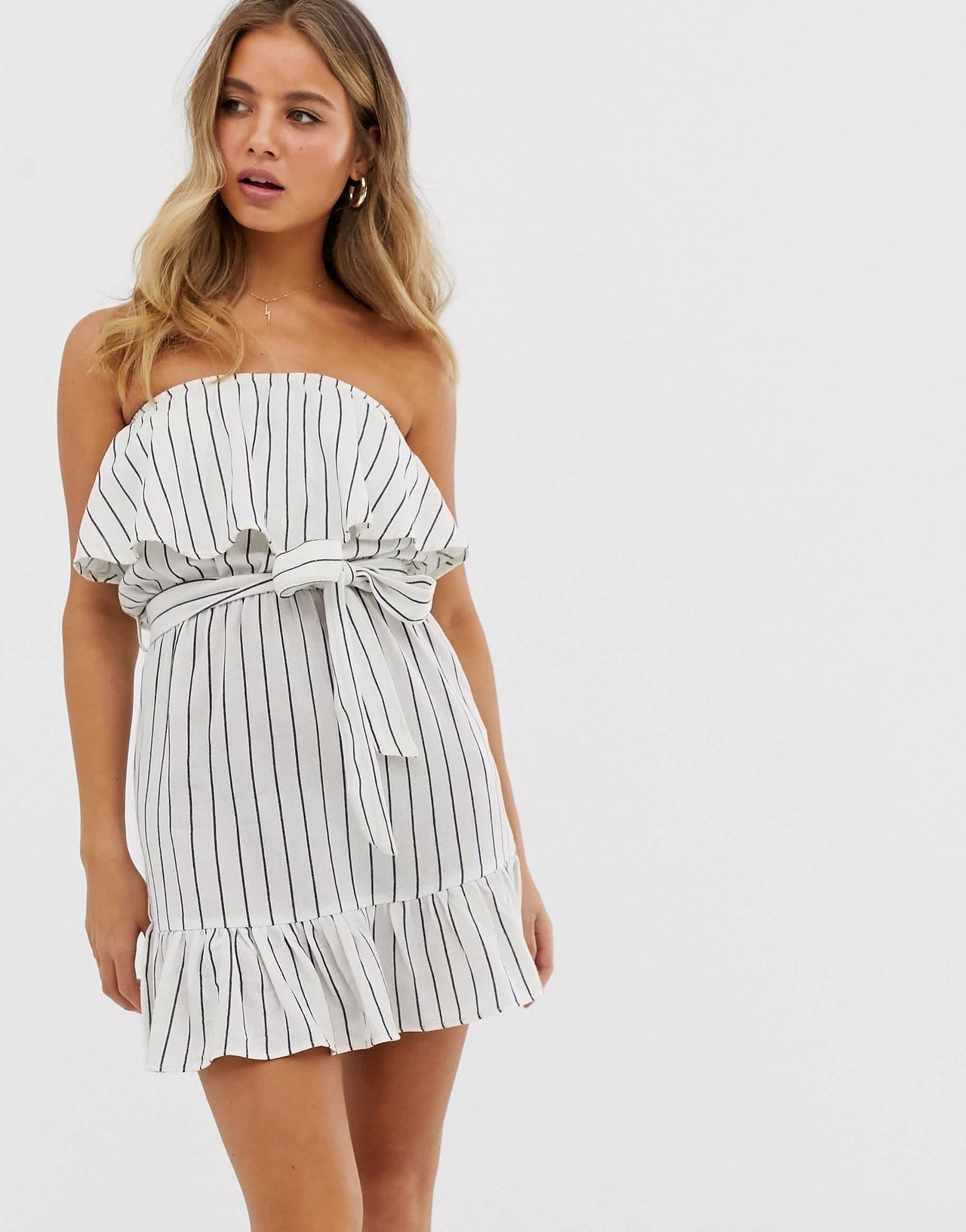 Influence strapless dress with frill detail in stripe