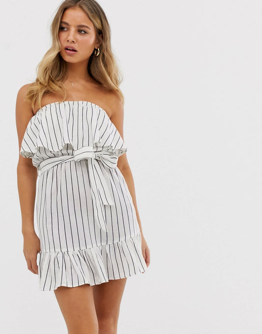 Influence strapless dress with frill detail in stripe