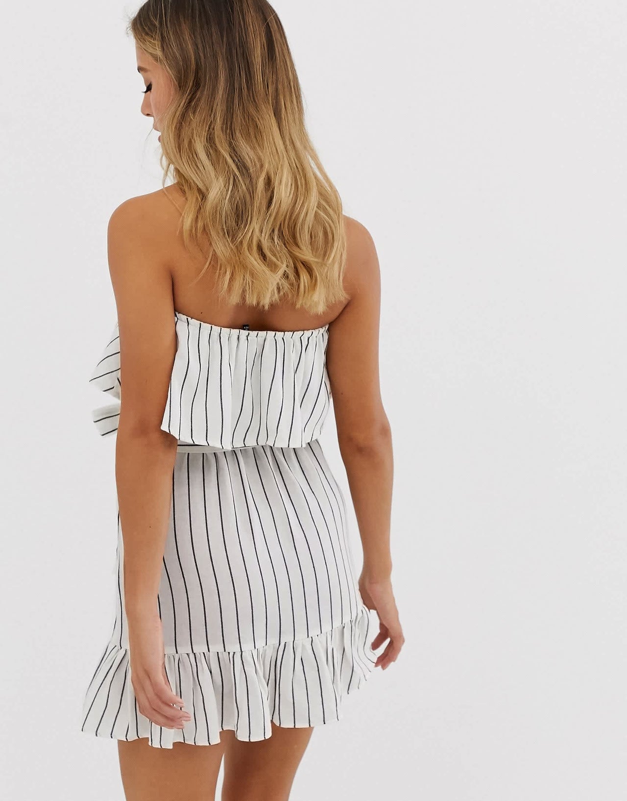 Influence strapless dress with frill detail in stripe