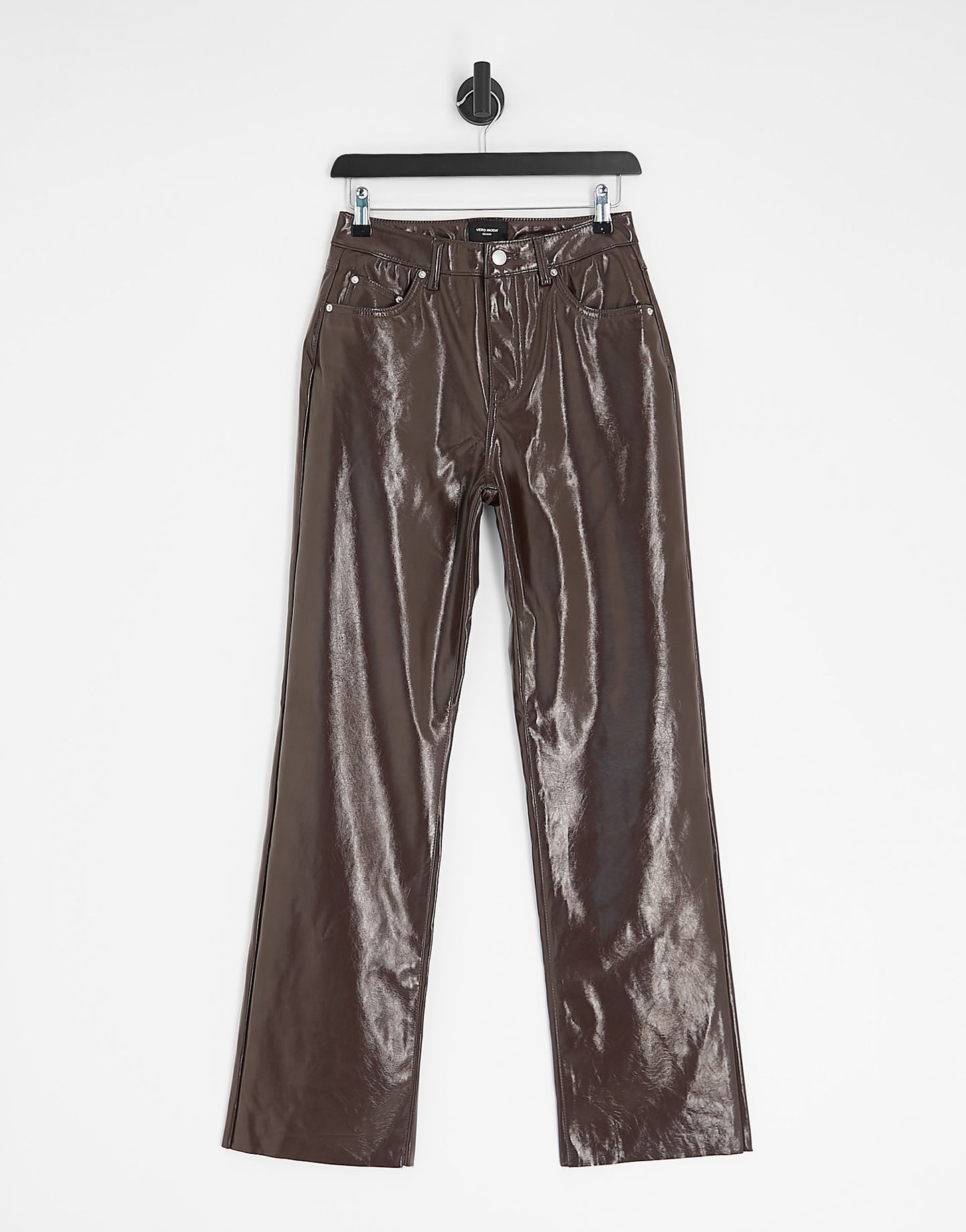 Vero Moda vinyl high rise straight leg trousers in brown