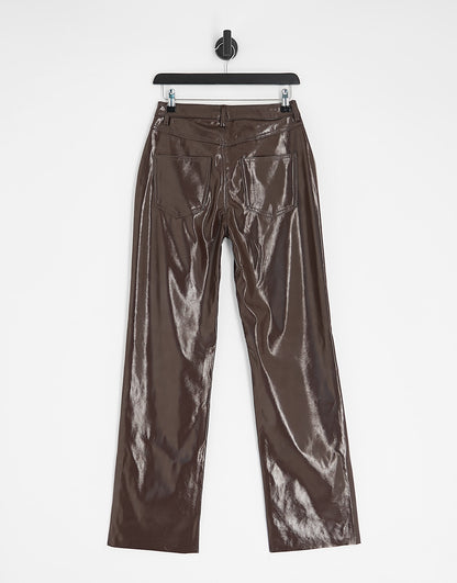 Vero Moda vinyl high rise straight leg trousers in brown