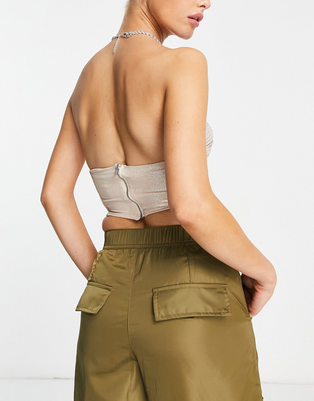 Bershka ruched panel detail velvet corset top in ecru