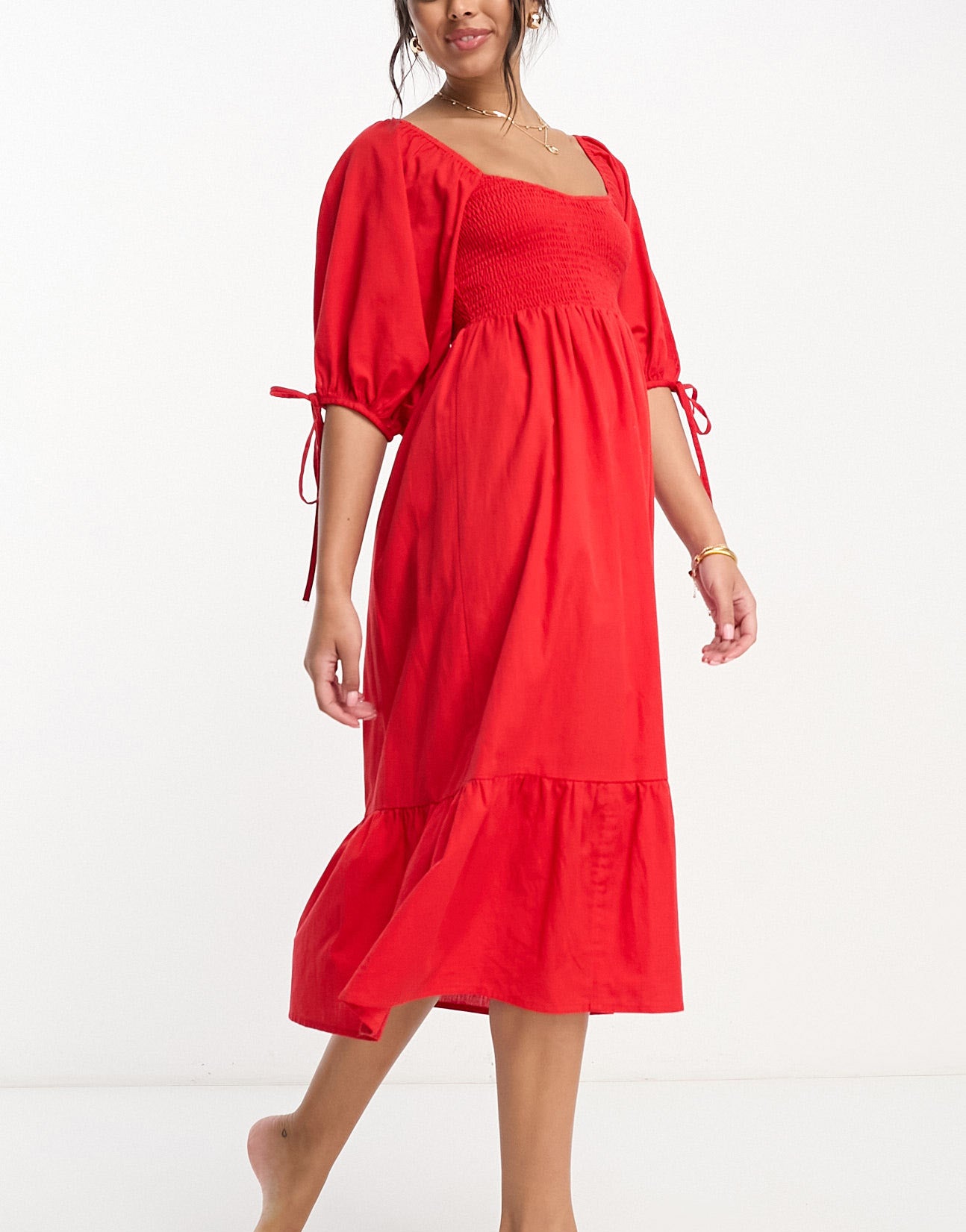 Accessorize puff sleeve textured midi beach summer dress in red