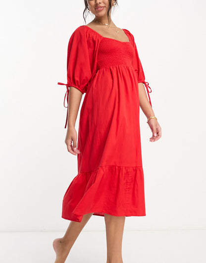 Accessorize puff sleeve textured midi beach summer dress in red