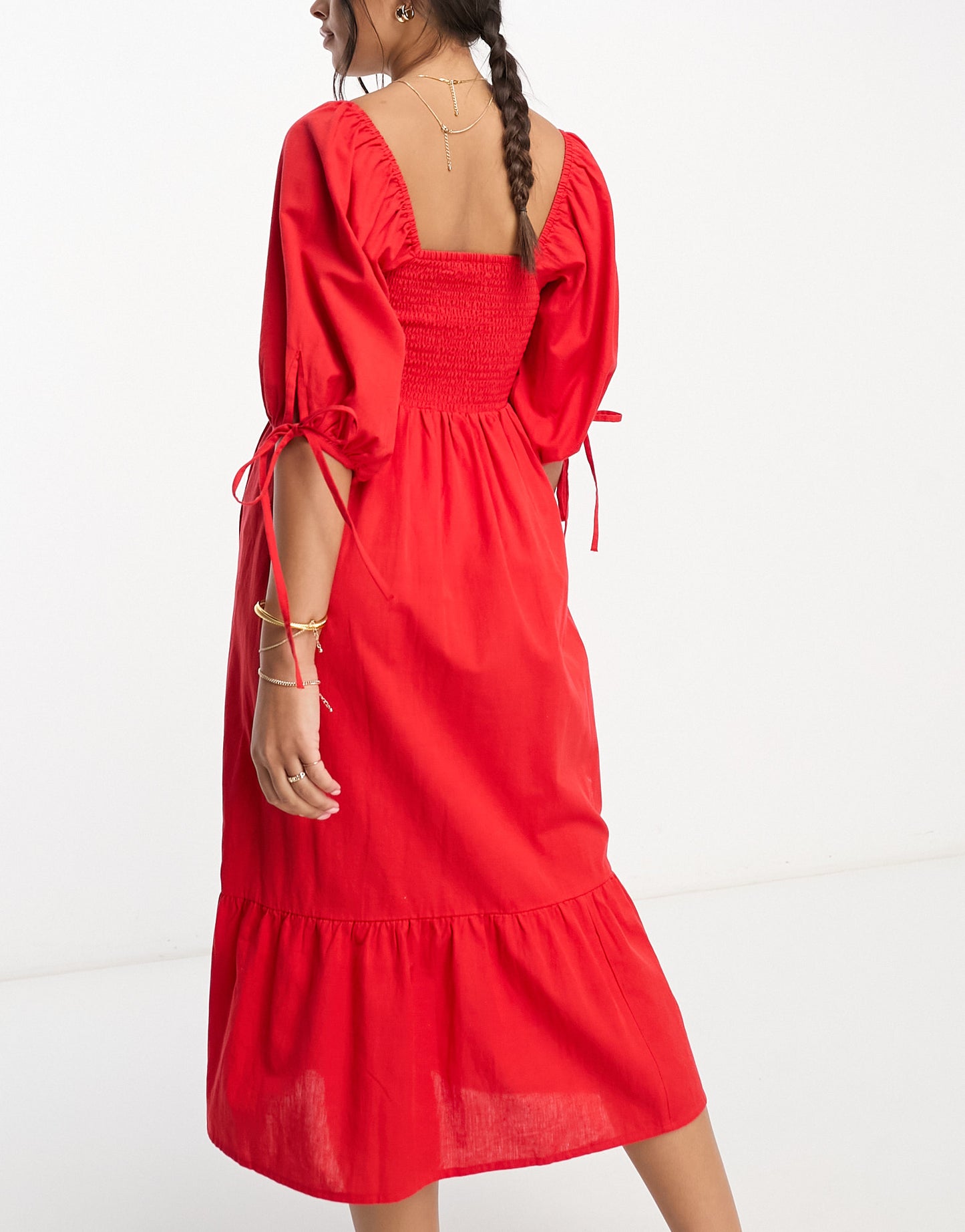 Accessorize puff sleeve textured midi beach summer dress in red