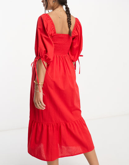 Accessorize puff sleeve textured midi beach summer dress in red