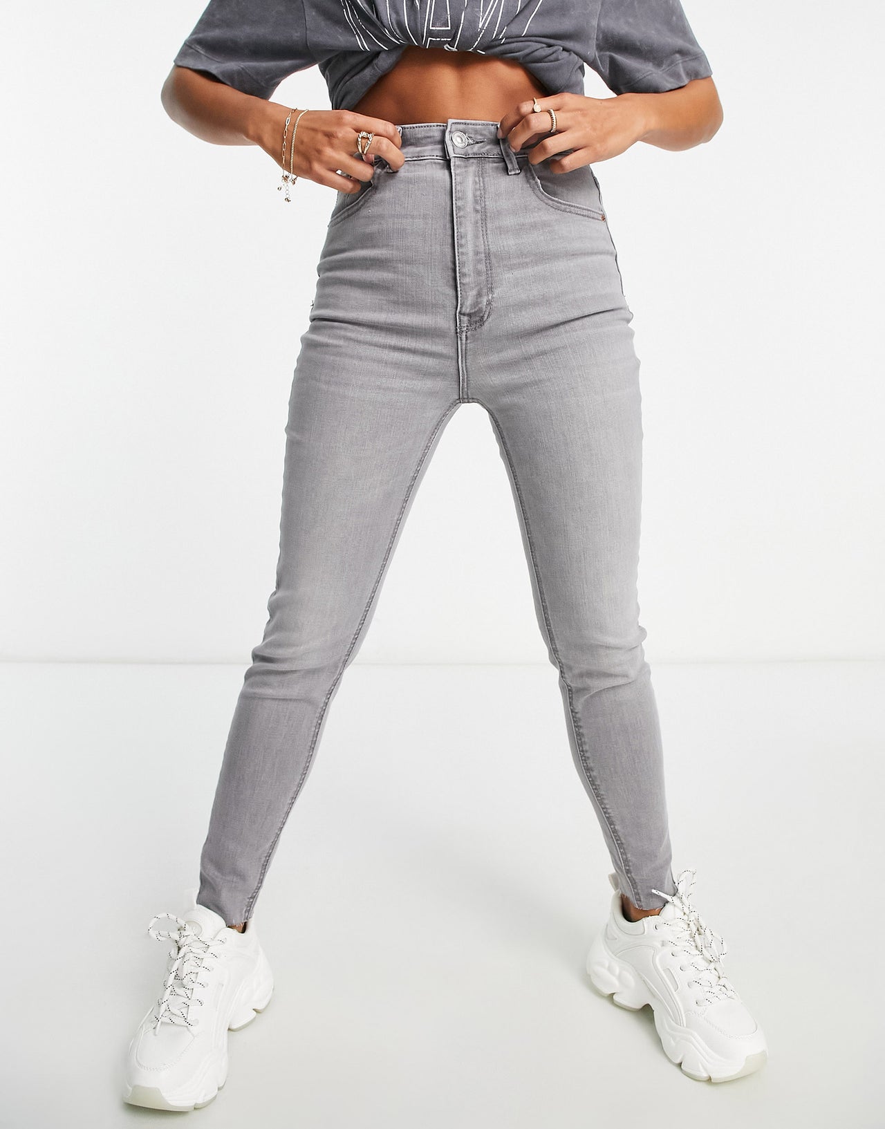 Stradivarius Petite super high waist skinny jean in grey