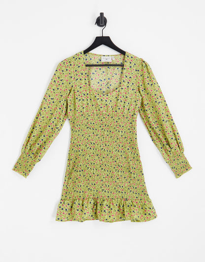 Daisy Street square neck shirred mini dress in khaki ditsy