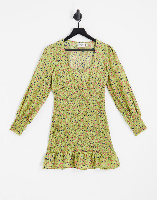 Daisy Street square neck shirred mini dress in khaki ditsy
