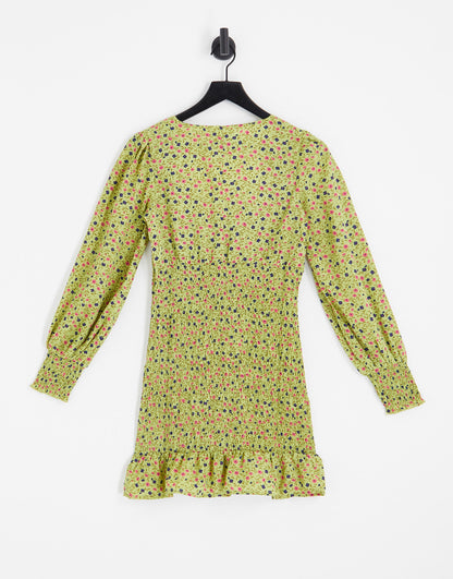 Daisy Street square neck shirred mini dress in khaki ditsy