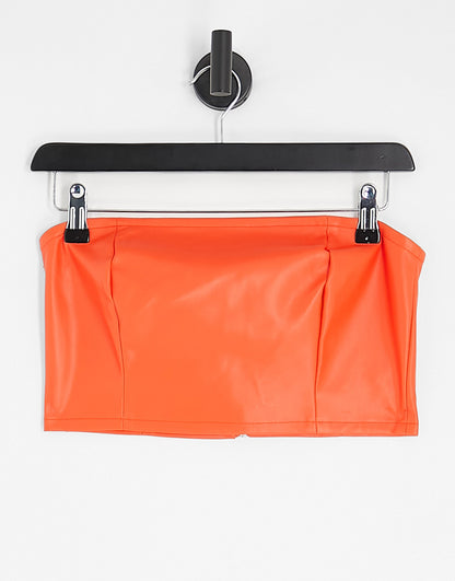 Only faux leather bandeau top in orange