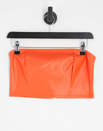 Only faux leather bandeau top in orange