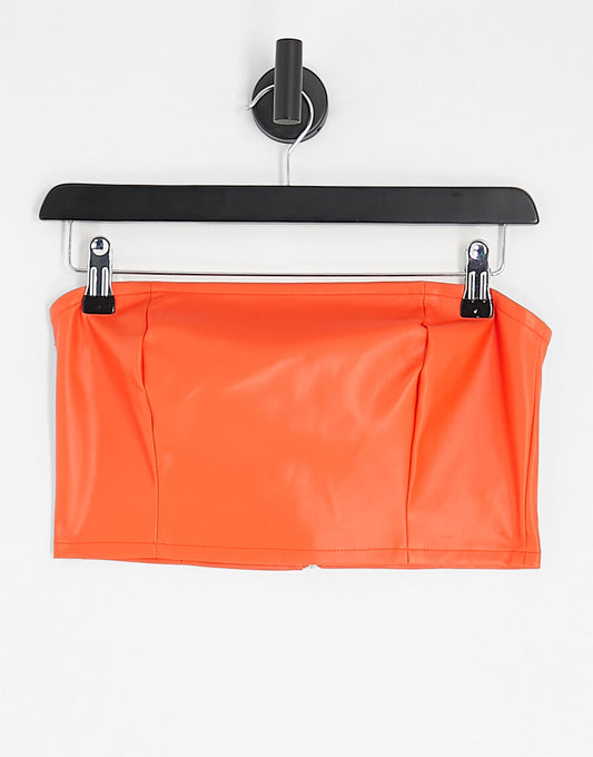 Only faux leather bandeau top in orange
