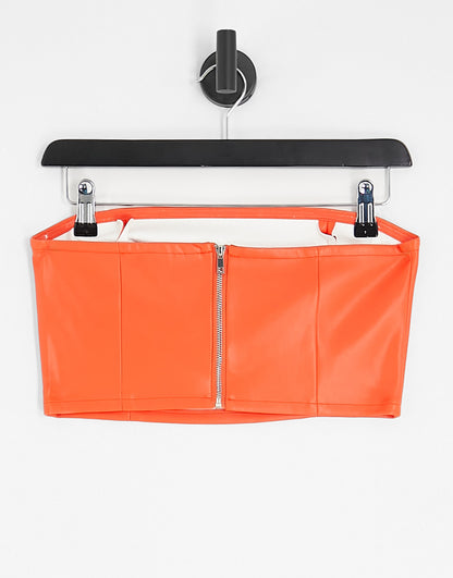 Only faux leather bandeau top in orange