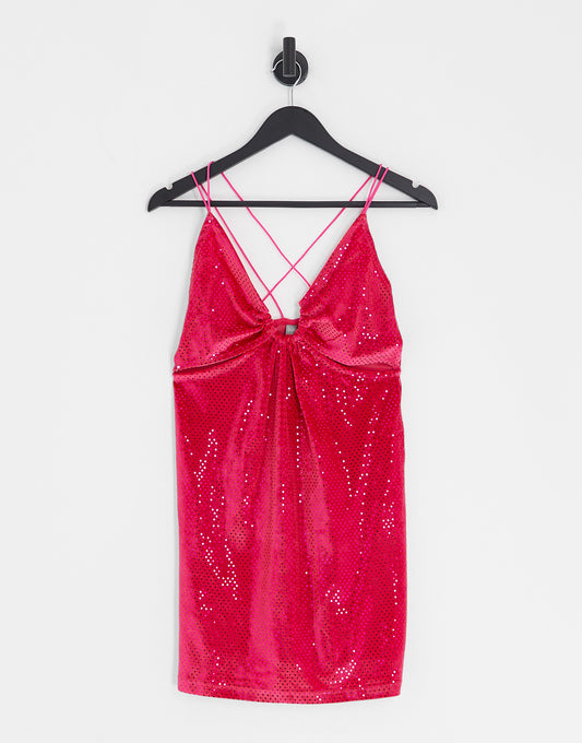 Only Petite sparkly v neck mini dress with cross back detail in pink