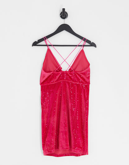 Only Petite sparkly v neck mini dress with cross back detail in pink