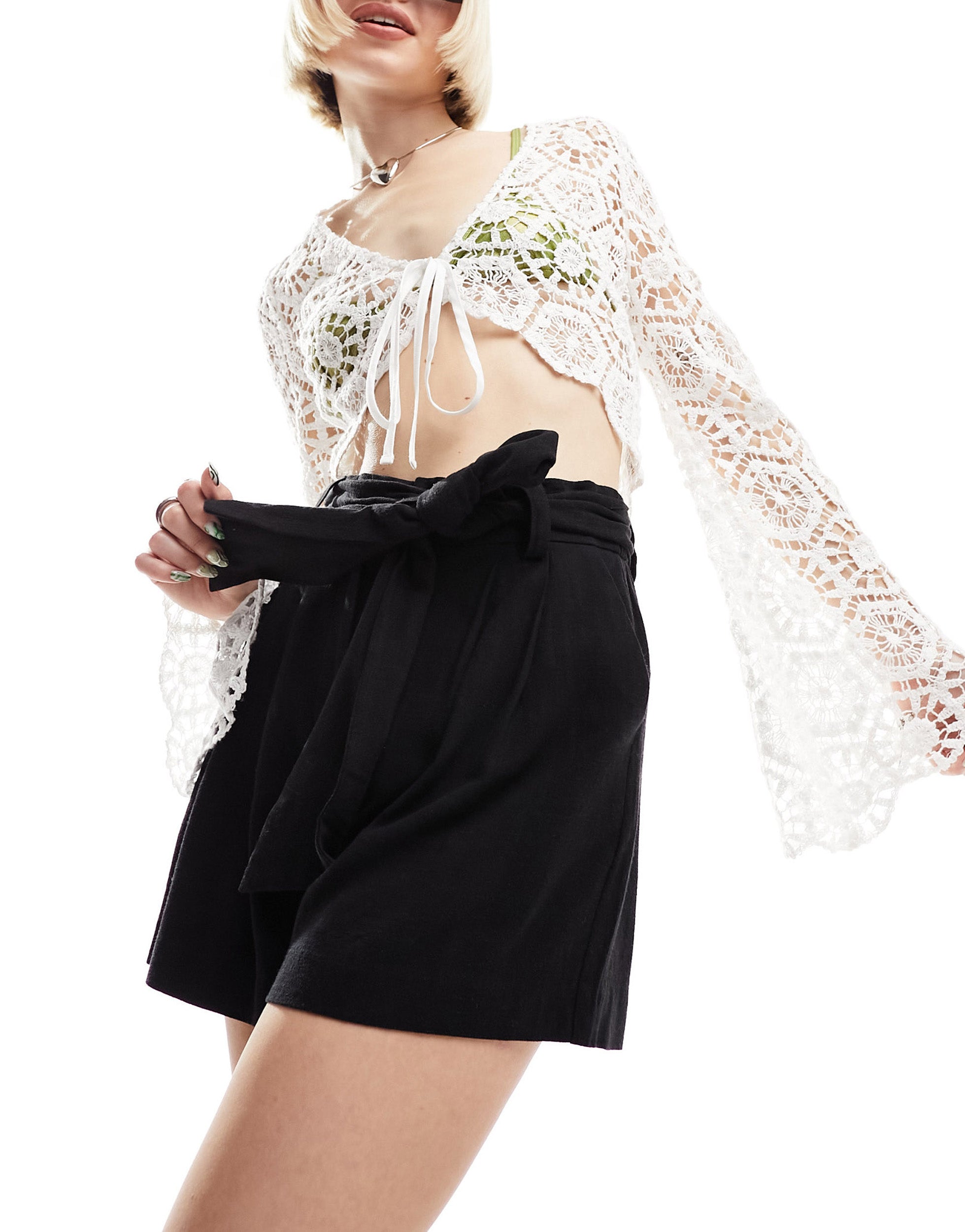 ASOS DESIGN tie waist short with linen in black