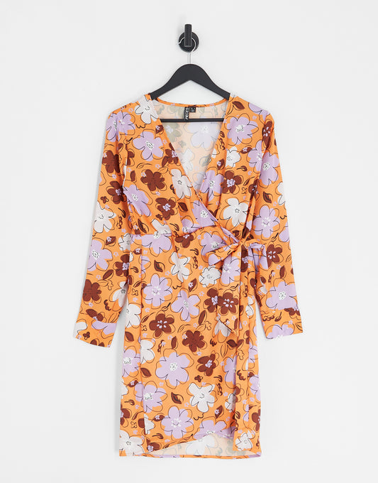 Pieces satin wrap tie side mini dress in orange floral