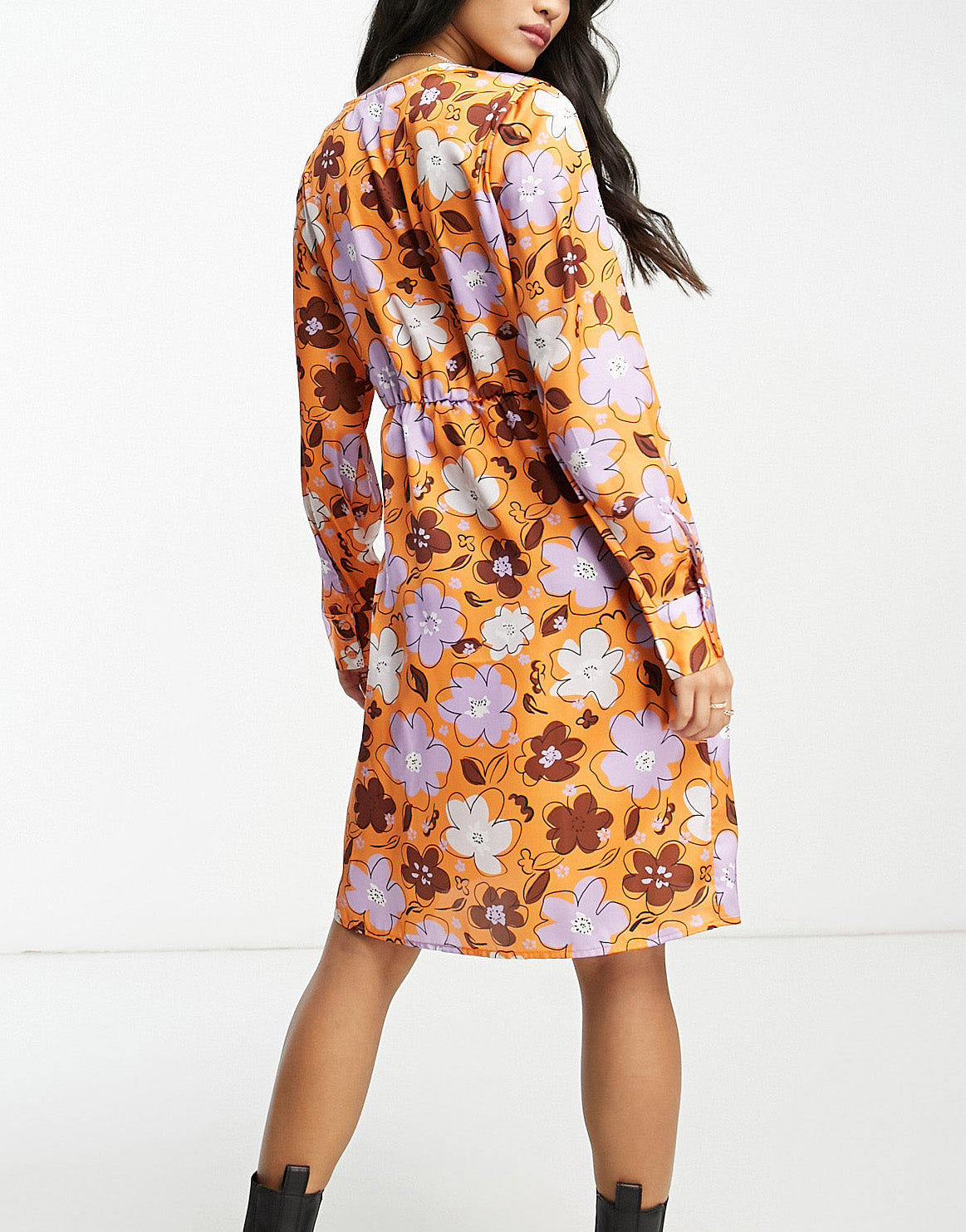 Pieces satin wrap tie side mini dress in orange floral