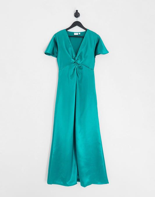 Vila Bridesmaid satin flutter sleeve maxi dress in emerald green