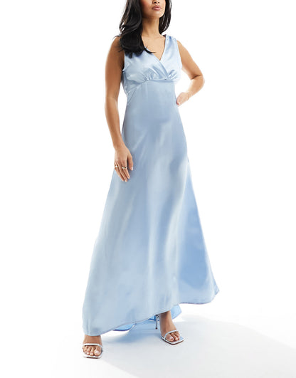 Vila Petite Bridesmaid satin v neck maxi dress with train in pastel blue