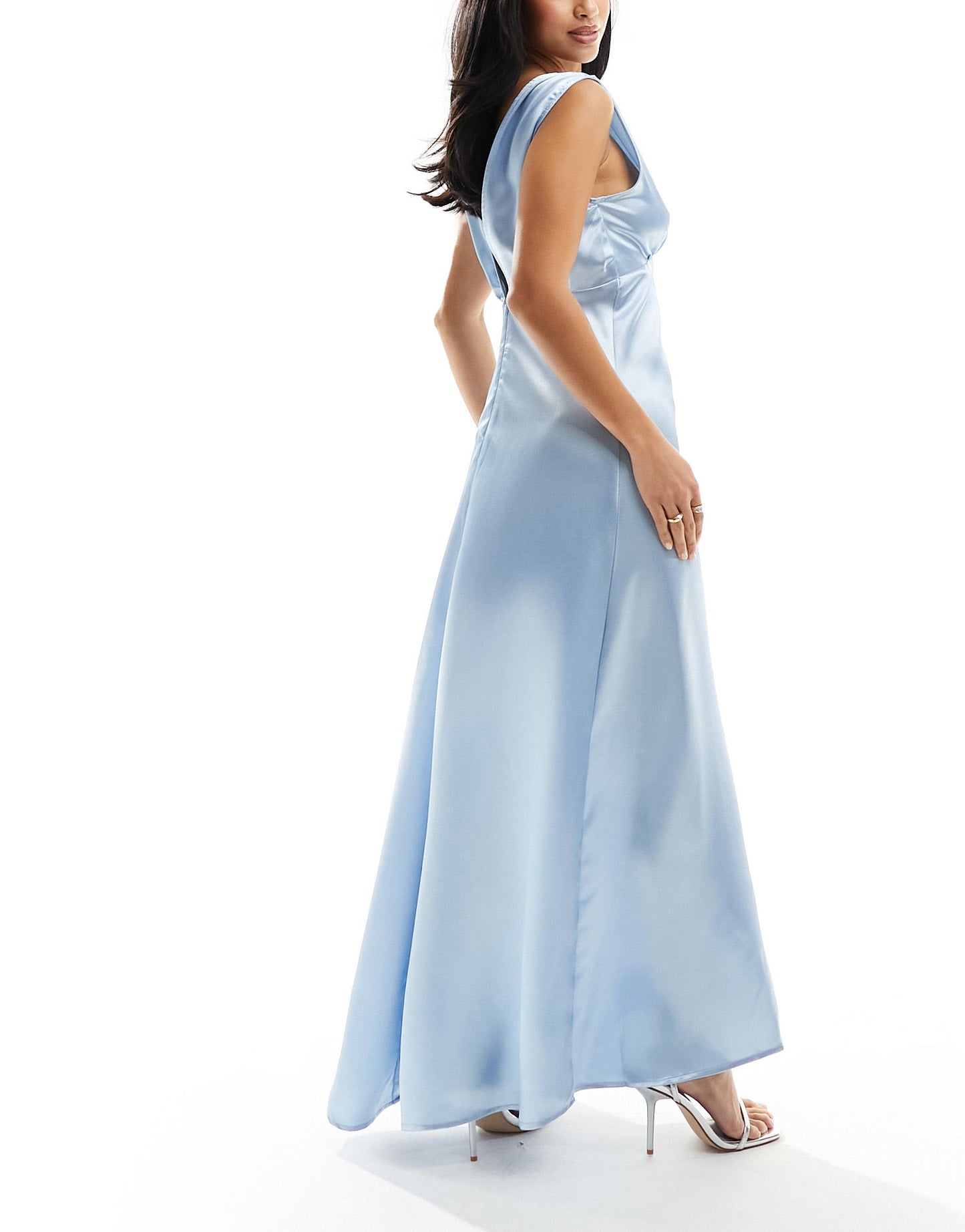 Vila Petite Bridesmaid satin v neck maxi dress with train in pastel blue