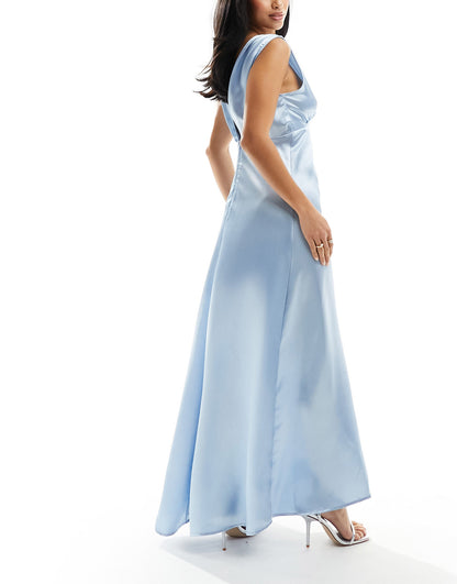 Vila Petite Bridesmaid satin v neck maxi dress with train in pastel blue