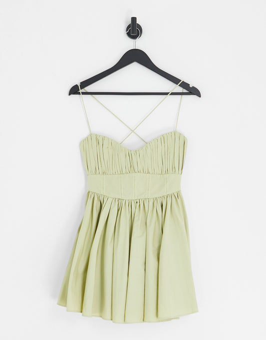 ASOS DESIGN cotton structured prom mini dress with corset detail in light green