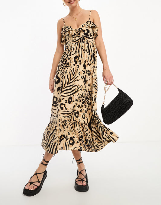 Miss Selfridge ruffle detail frill hem midi slip dress in animal print