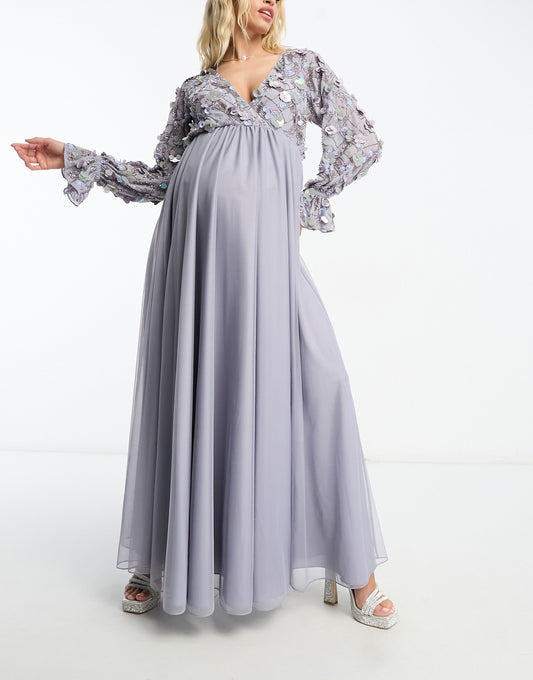 ASOS DESIGN Maternity embellished wrap front tulle skirt midaxi dress with floral detail in lilac