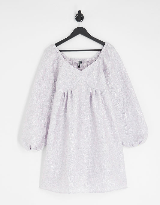 Pieces Tall Premium puff sleeve babydoll mini dress in lilac jacquard