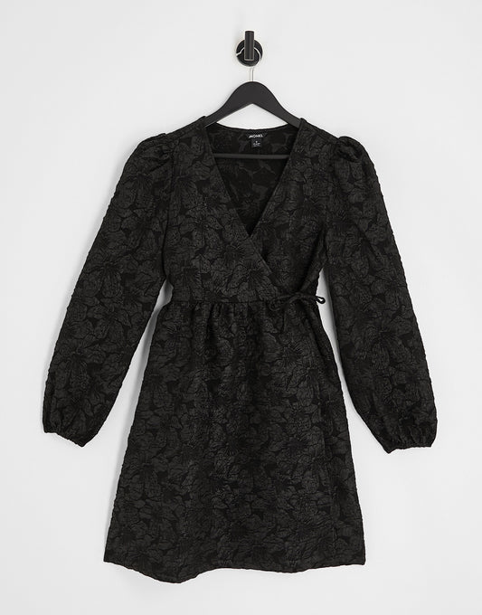 Monki floral jacquard wrap mini dress in black