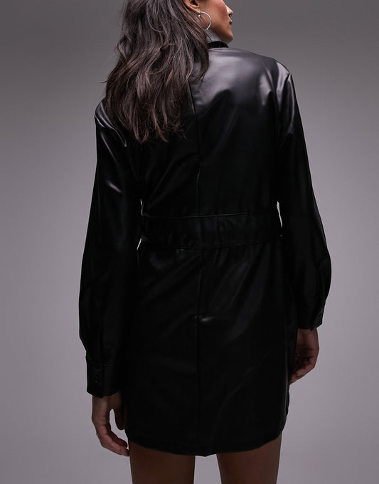 Topshop soft touch faux leather mini belted shirt dress in black