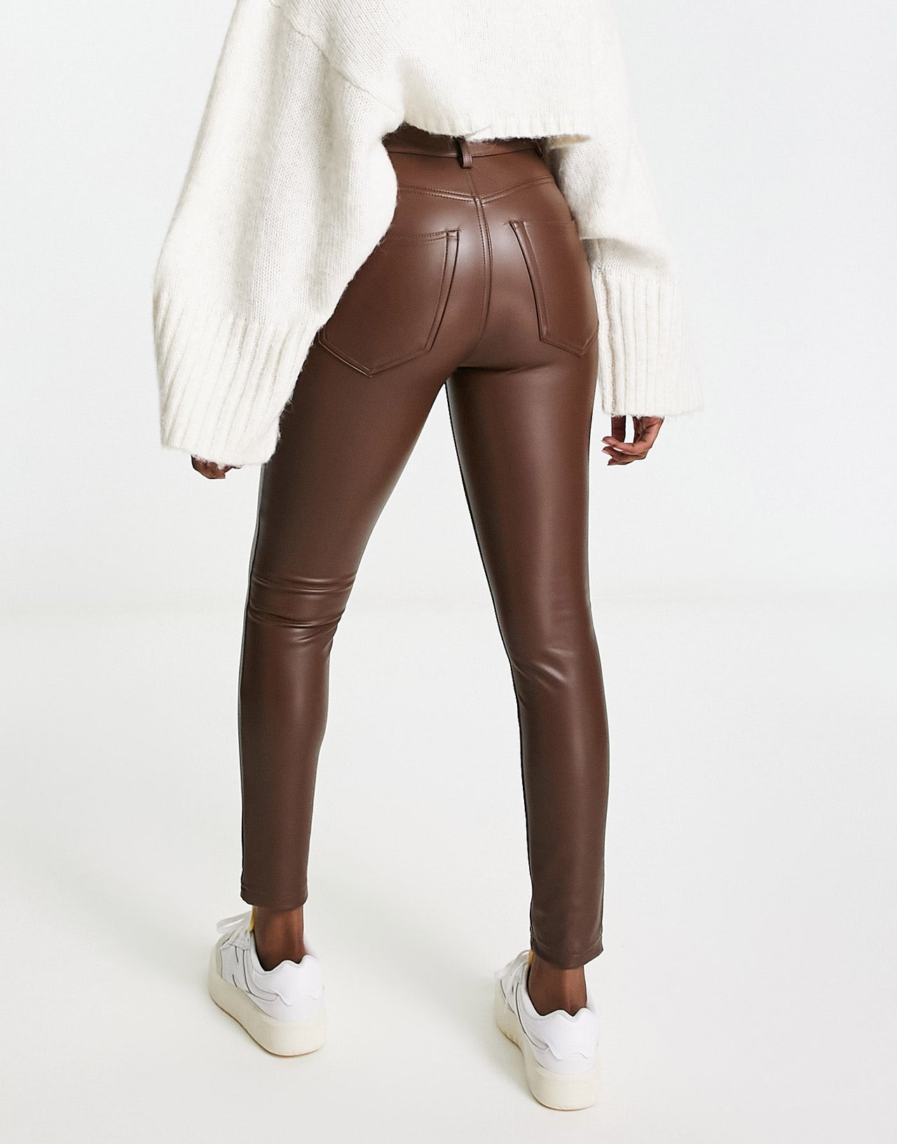 Pull&Bear high waisted faux leather skinny trousers in brown