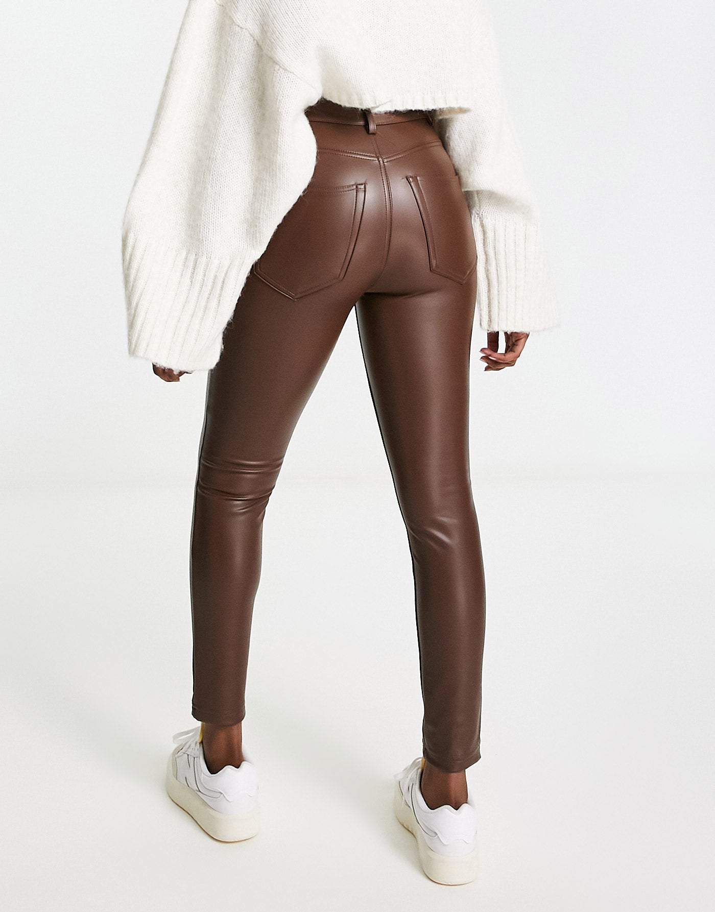 Pull&Bear high waisted faux leather skinny trousers in brown