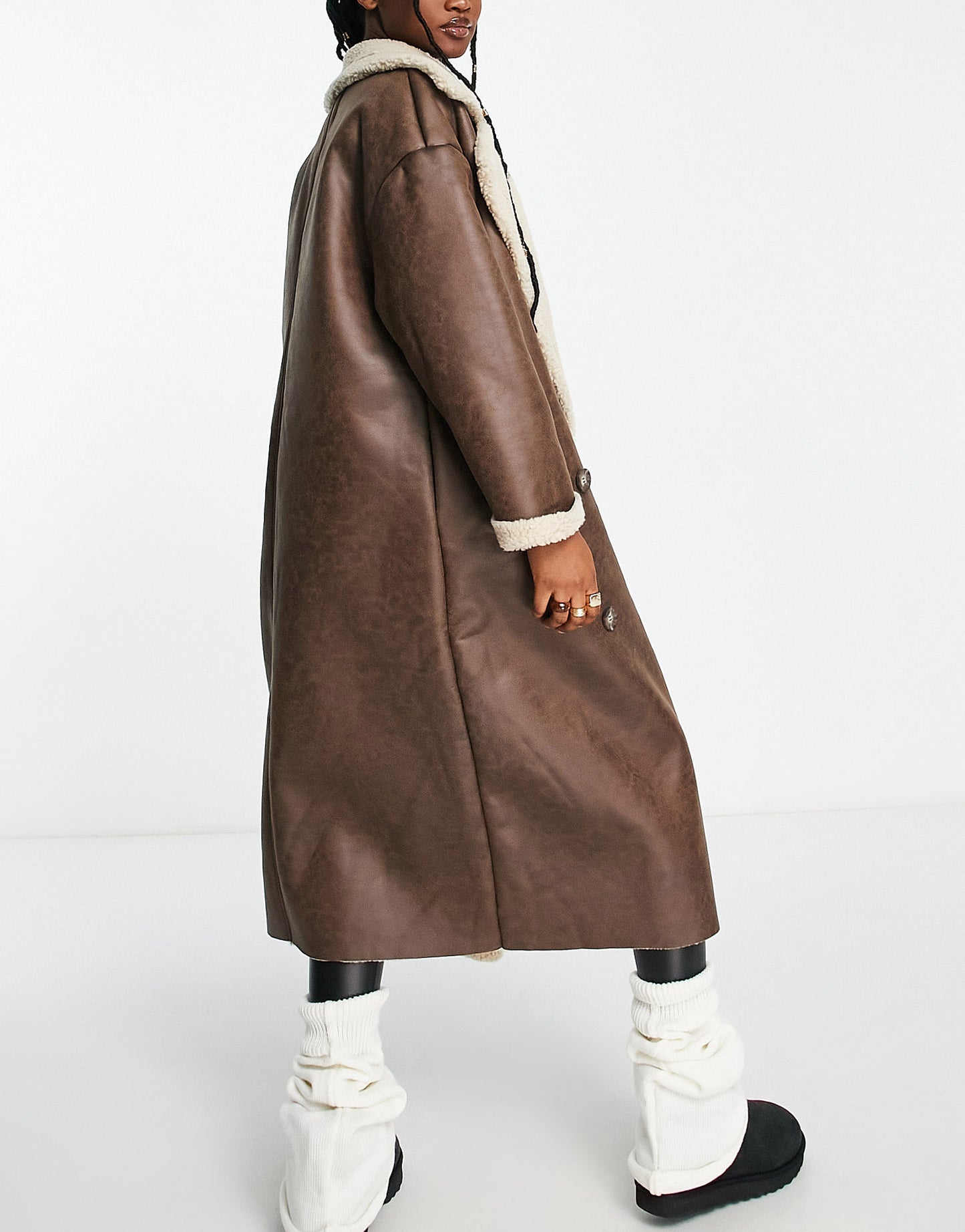 Stradivarius STR maxi faux leather aviator coat with contrast borg lining in brown