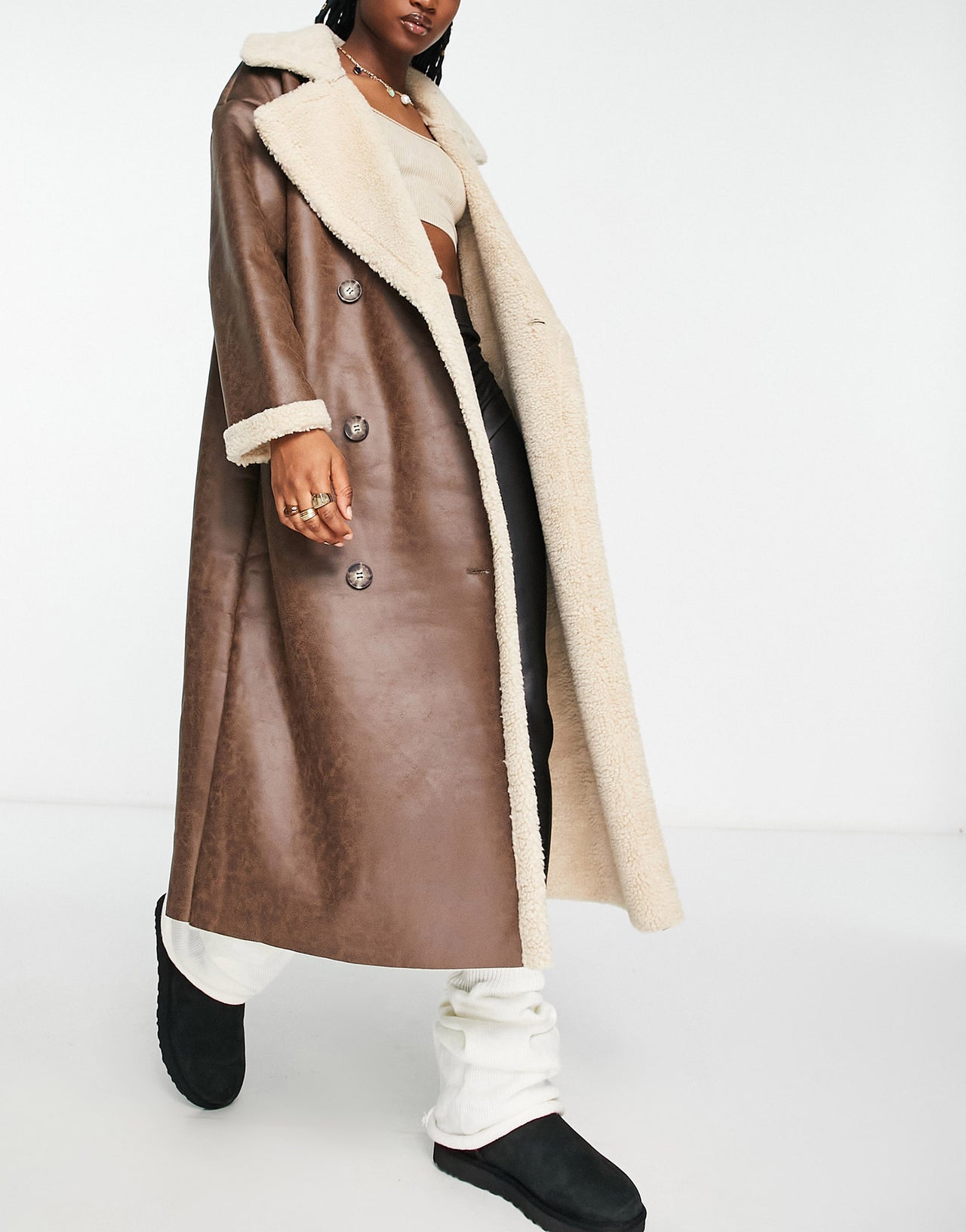 Stradivarius STR maxi faux leather aviator coat with contrast borg lining in brown