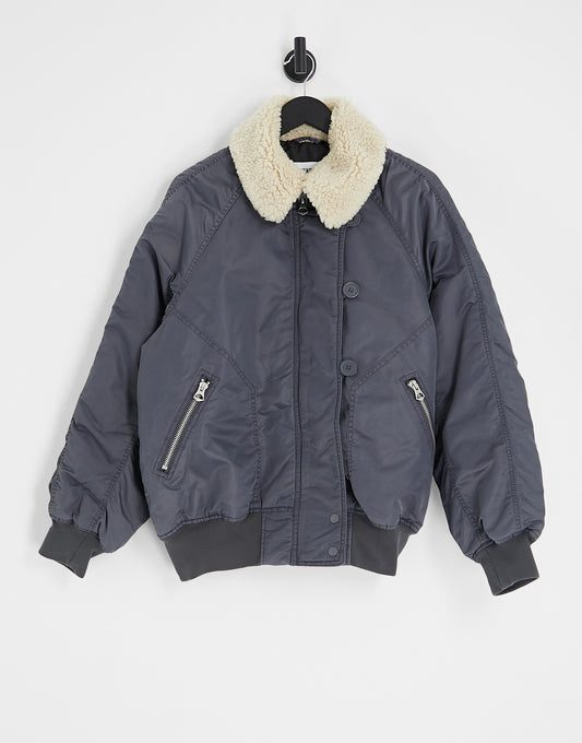 Weekday Gaus oversized padded bomber with borg collar in washed black