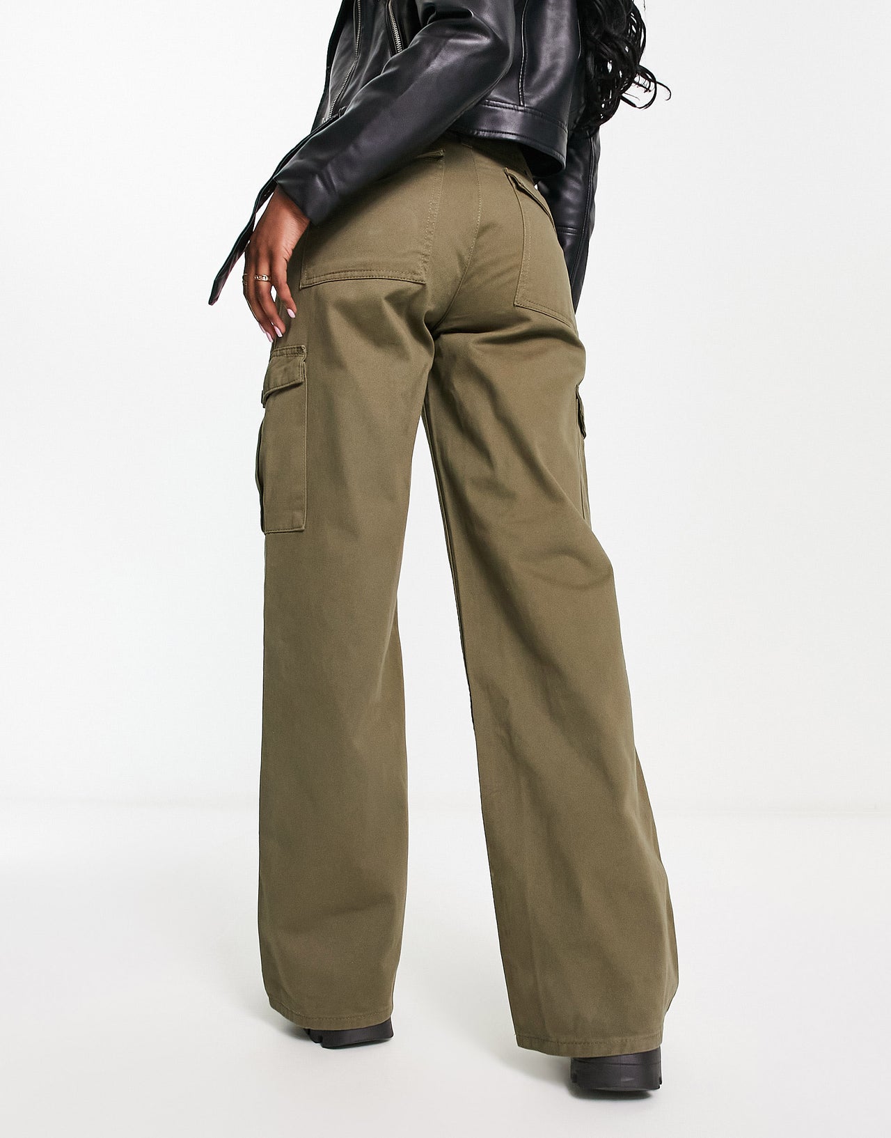 Pull&Bear high waisted wide leg cargo trousers in khaki