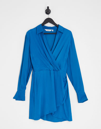 & Other Stories satin mini wrap shirt dress in blue
