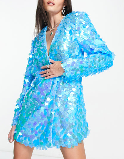 Amy Lynn Brooke embellished blazer dress in blue disc sequin