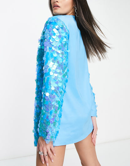Amy Lynn Brooke embellished blazer dress in blue disc sequin
