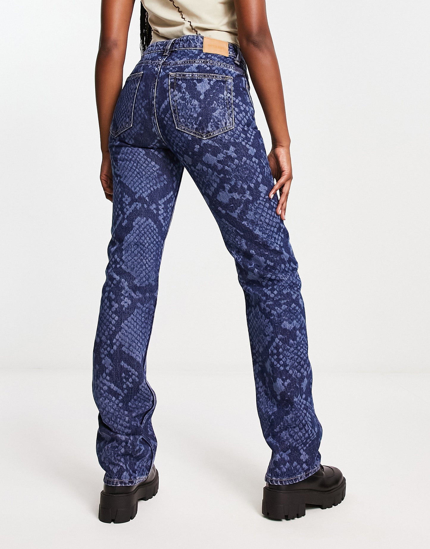Weekday Pin mid waist straight leg jeans in laser snake print