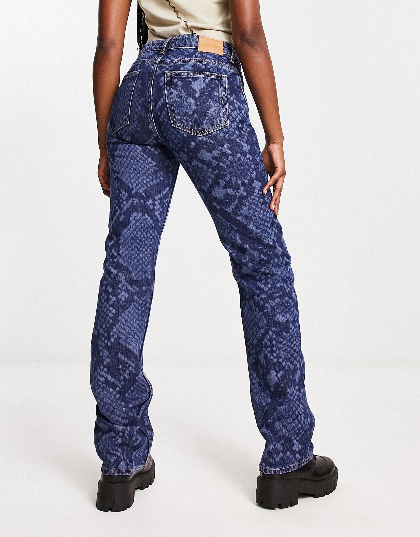 Weekday Pin mid waist straight leg jeans in laser snake print