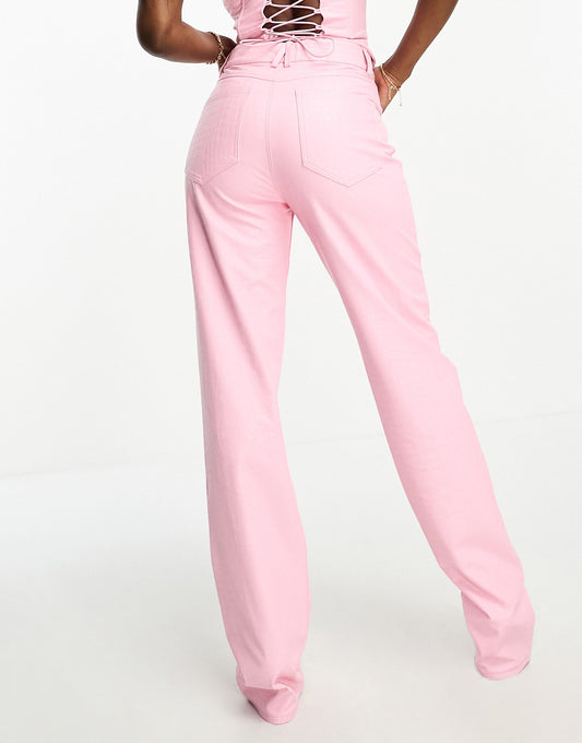 Naked Wardrobe leather look straight leg trousers in pink croc effect