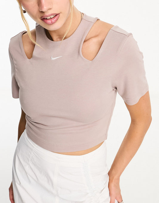 Nike Essential mini swoosh cut out top in taupe