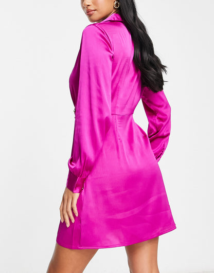 New Look Petite tie side collared shirt dress in bright pink
